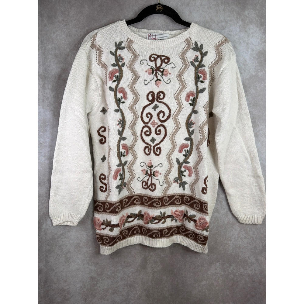 VTG 90s Milano Design Group Sweater M Cream Floral Embroidered Ramie Cotton Knit